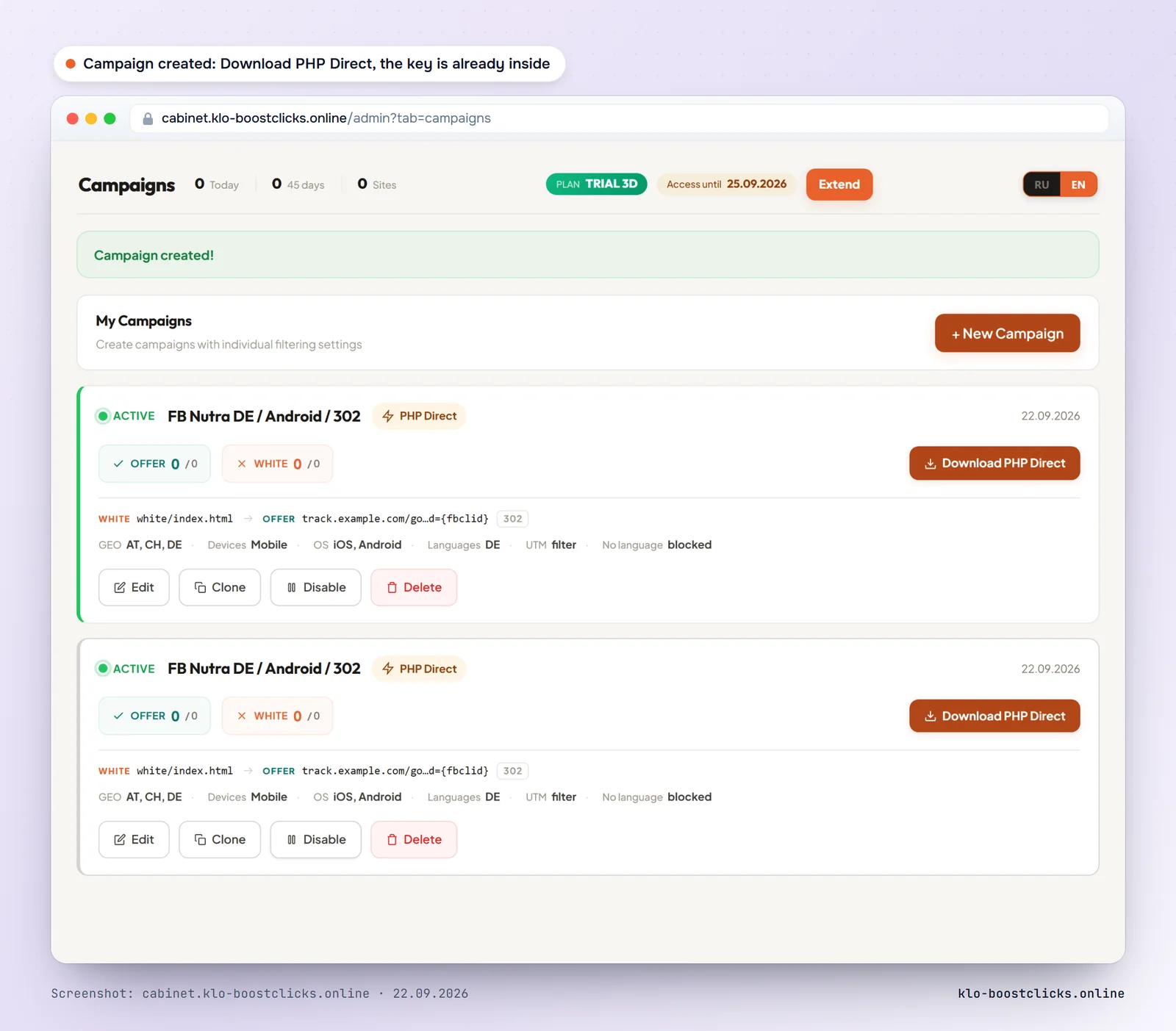 KLO cabinet, campaign list: the campaign card with the Download PHP Direct button
