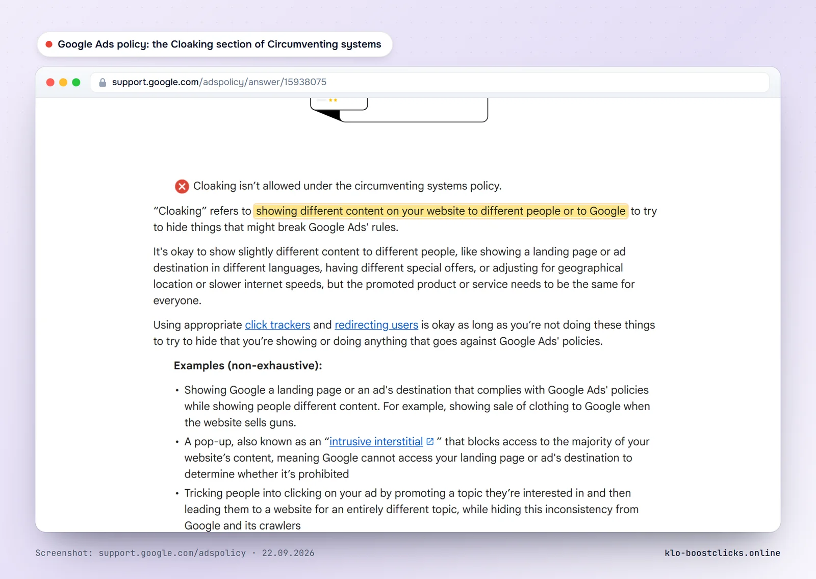 Google Ads policy help: the Cloaking section of the Circumventing systems policy with the definition and examples