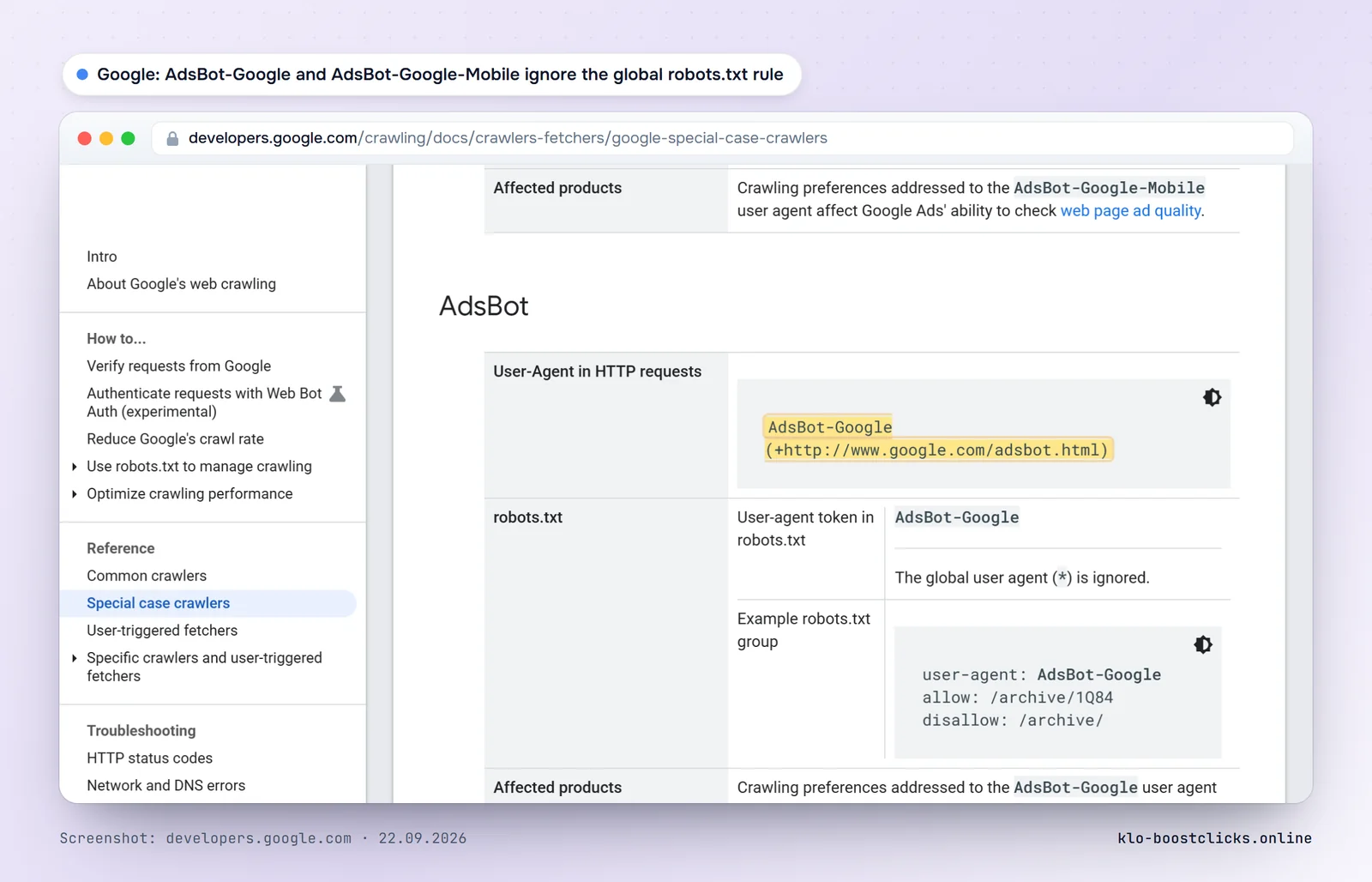 Google documentation: AdsBot-Google and AdsBot-Google-Mobile user agent strings and the note that they ignore the global robots.txt rule