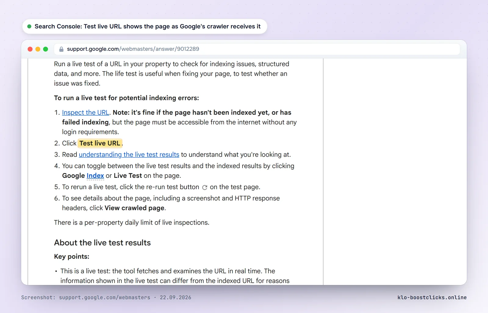 Search Console help: the Test live URL feature shows the page as Google's crawler receives it