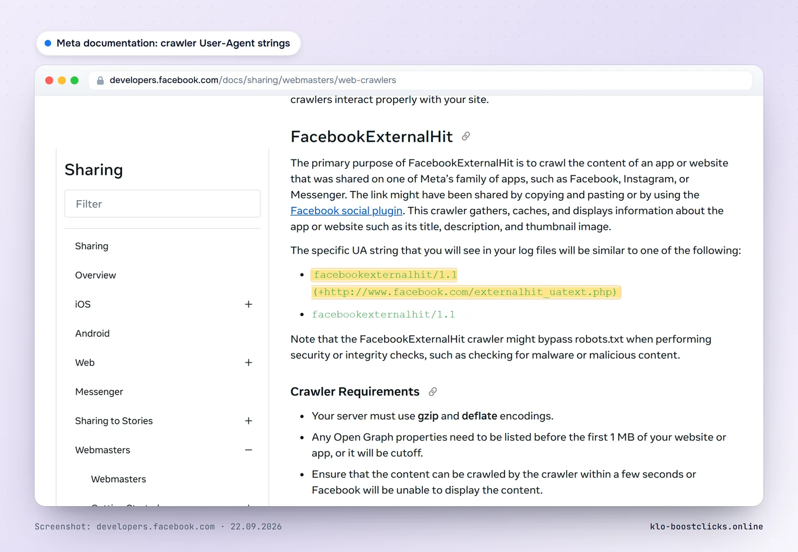 Meta developer documentation: User-Agent strings of Meta web crawlers and the note that FacebookExternalHit may bypass robots.txt